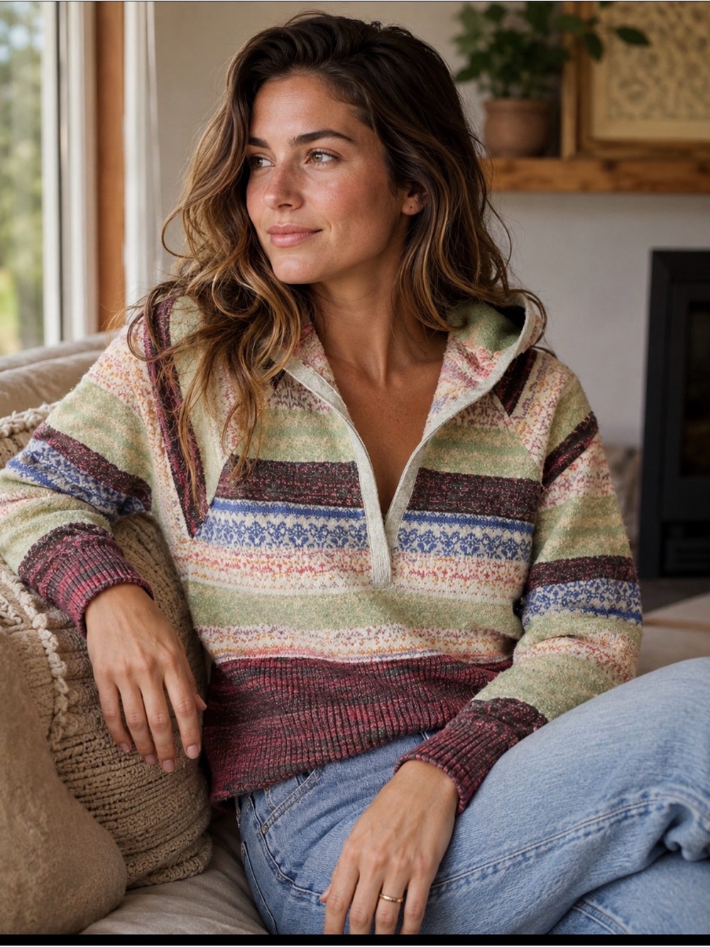 DAILY PRACTICE CROPPED HOODED SWEATER WOMEN’S MED FAIR ISLE STRIPE BOHO COASTAL - Picture 2 of 9